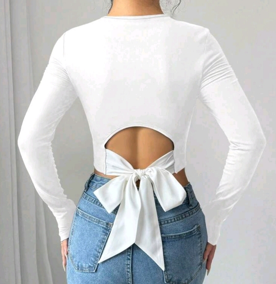 Women's Solid Color Round Neck Back Tie Slim Long Sleeve T-Shirt - Picture 3 of 3